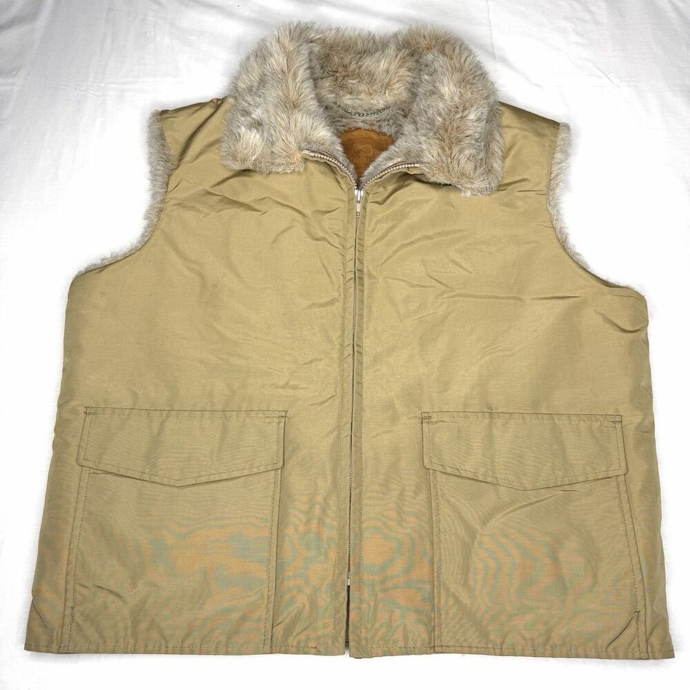 Vtg Woolrich Vest XL 35 Tan Faux Fur Lined Collar Zip Jacket USA Hiking Hunting